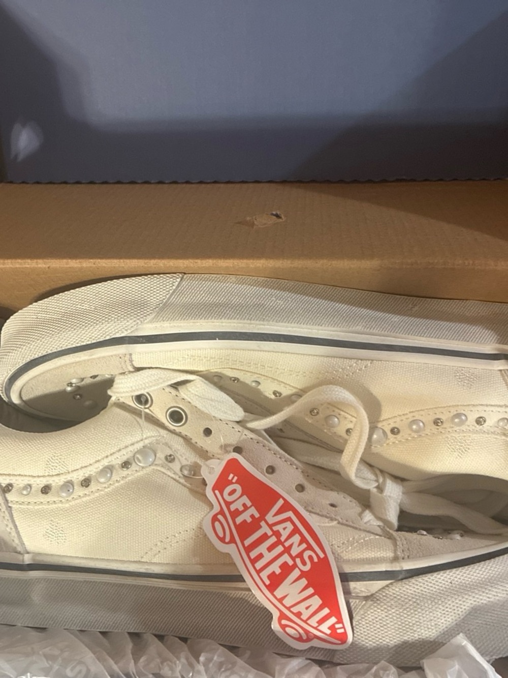 Vans Cream Canvas Low-Top Sneakers with Pearl Studs